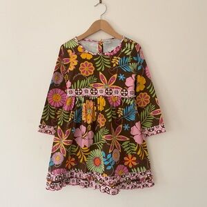 ANN LOREN EUC Retro Tropical Floral Print Dress w/ Contrast Ruffle Hem
